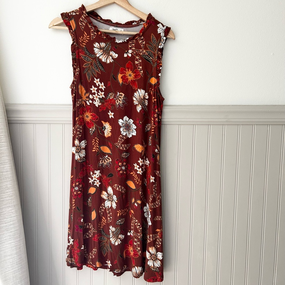 Maurices Small Red Orange White Floral Sleevless Midi Dress